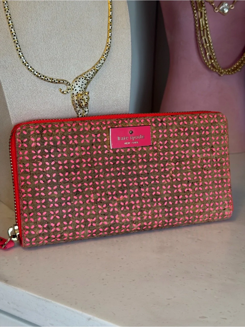 kate spade EUC Brown double face zipper Wallet with Coral Underlay and Trim
